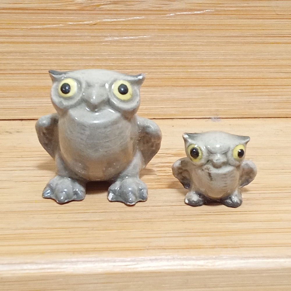 BONE CHINA Owl Figurine Pair - Gray with Yellow Eyes